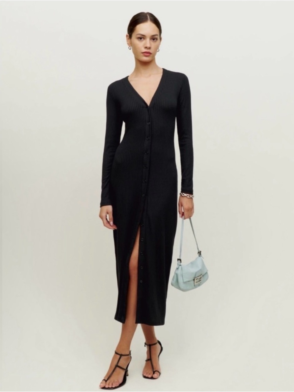 Reformation Ricky Dress Black Ribbed Button-Front V‑Neck Midi Dress